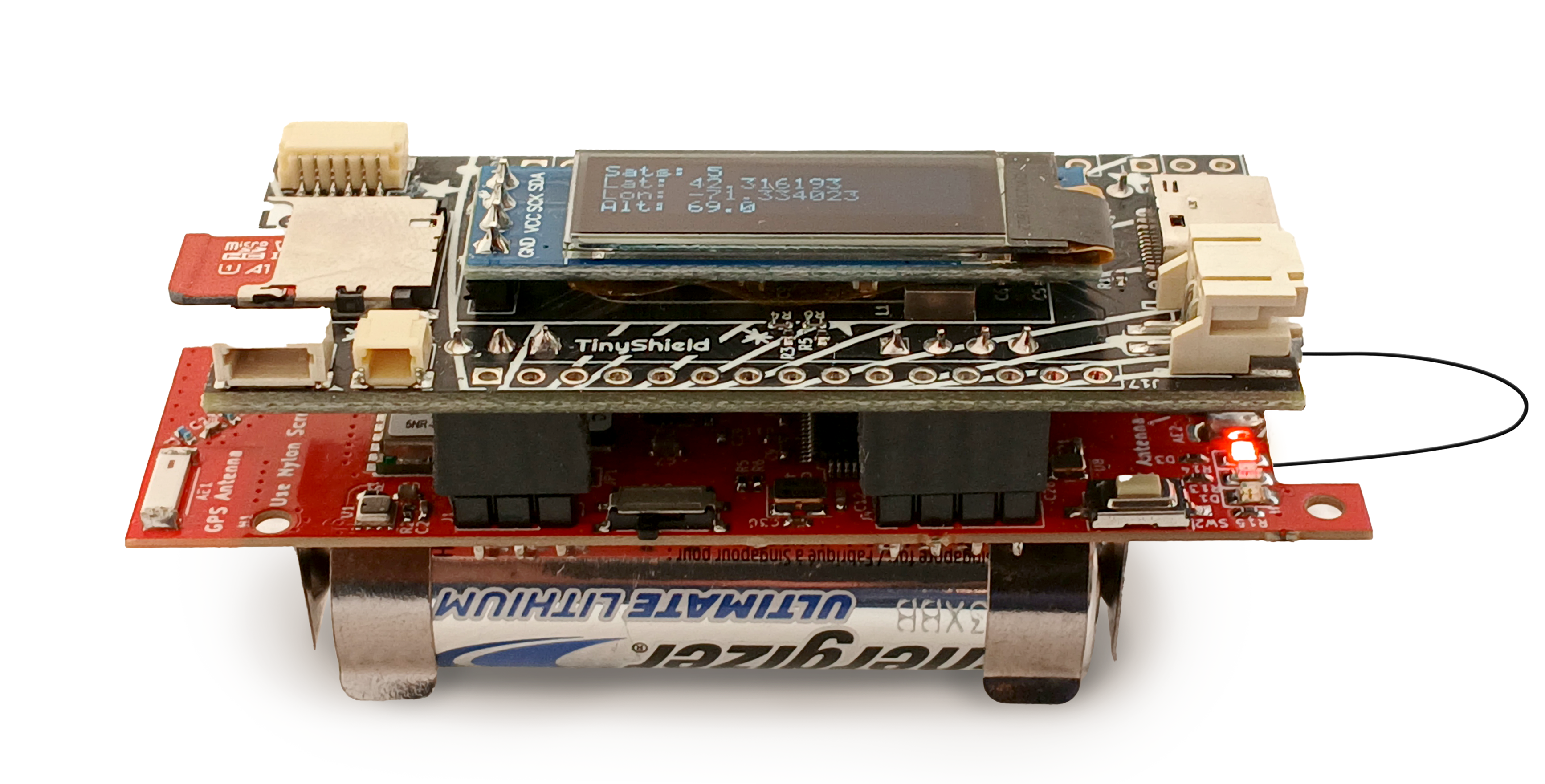 TinyShield mounted on a Tiny4FSK board